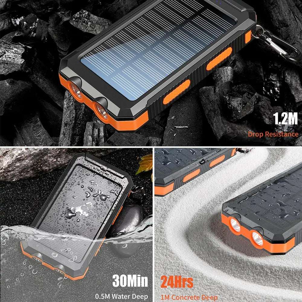 Banque d'alimentation solaire Ma boutique de 10 000mAh avec panneau solaire intégré, capacité de charge portable pour appareils mobiles.