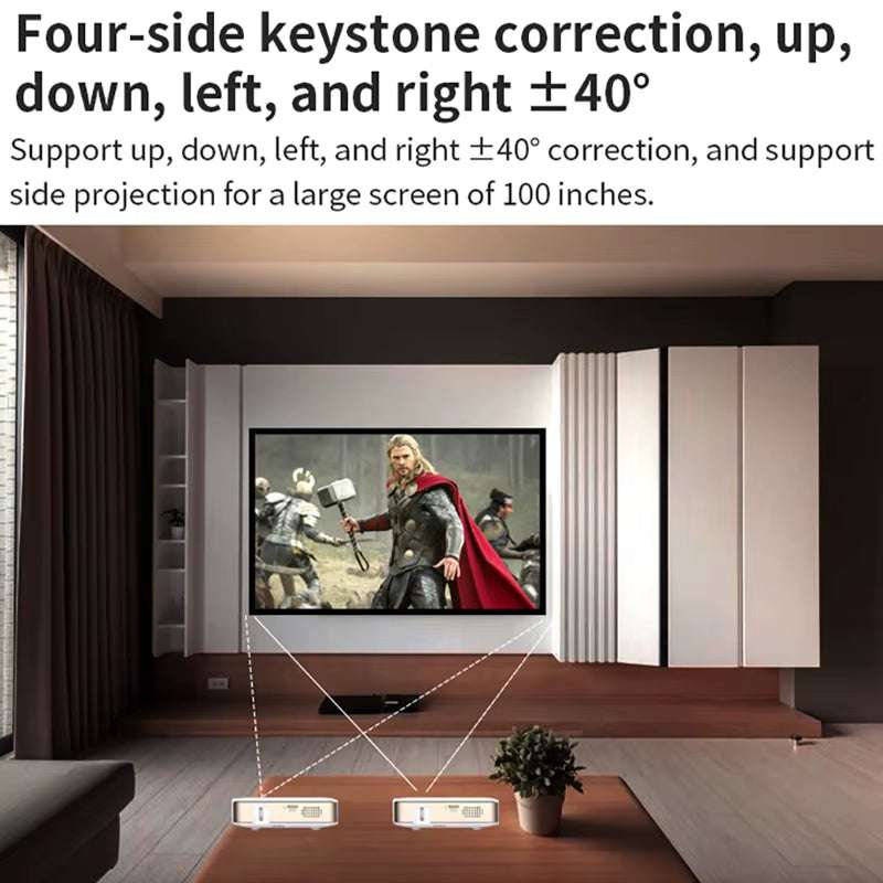 Projecteur portable Full HD 4K 3D Ma boutique avec autofocus, Android 9.0, Wi-Fi 5G, batterie 10500mAh et connectivité smartphone.
