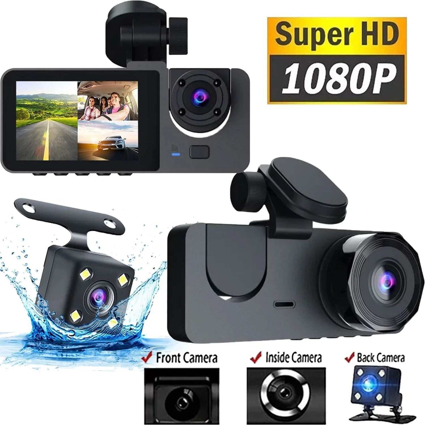 Caméra de tableau de bord Ma boutique 1080P 3 canaux pour voiture, vision nocturne, enregistrement en boucle, carte SD 32Go