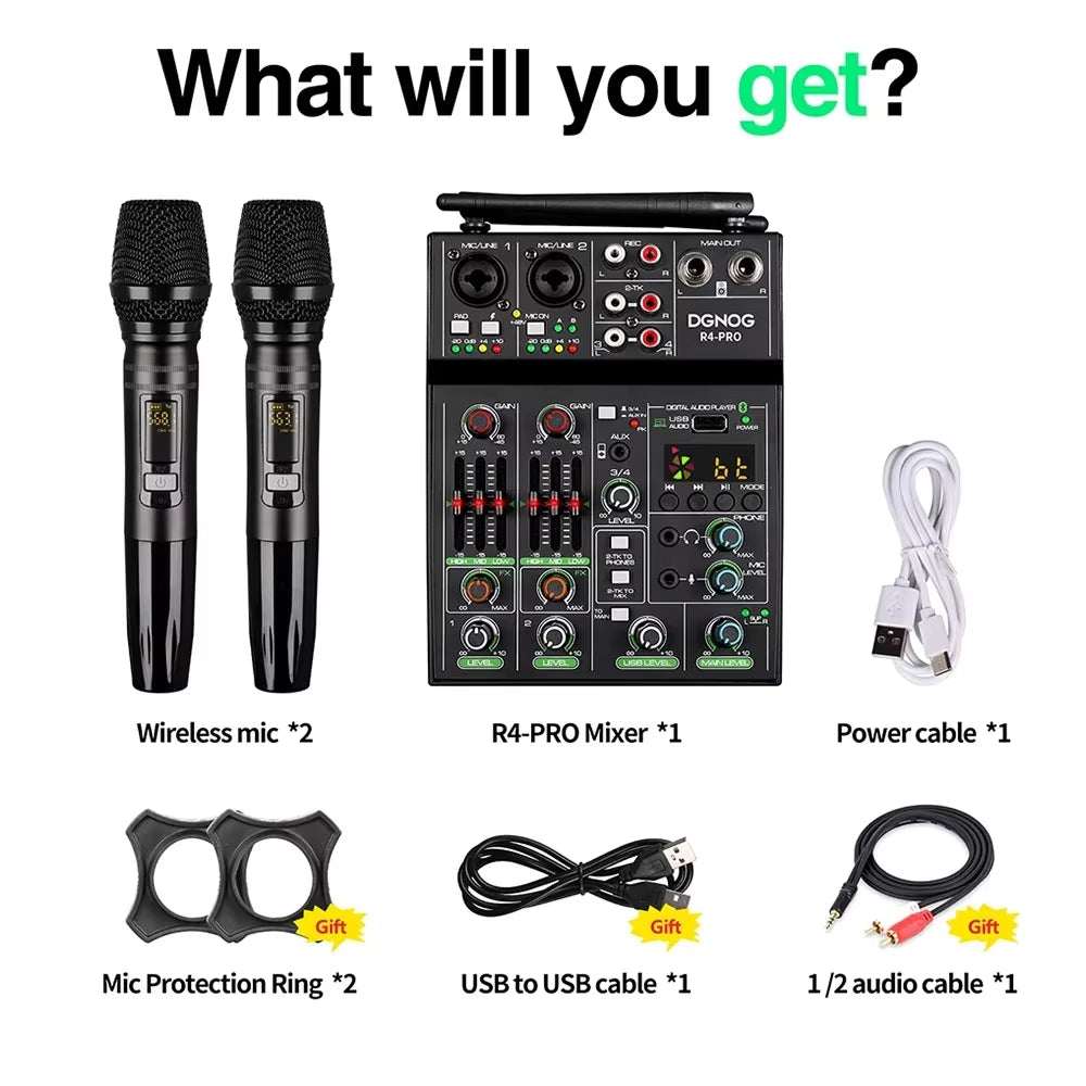 Mixeur audio 4 canaux Ma boutique avec microphone sans fil, connectivité USB, Bluetooth, idéal pour fête et karaoké.