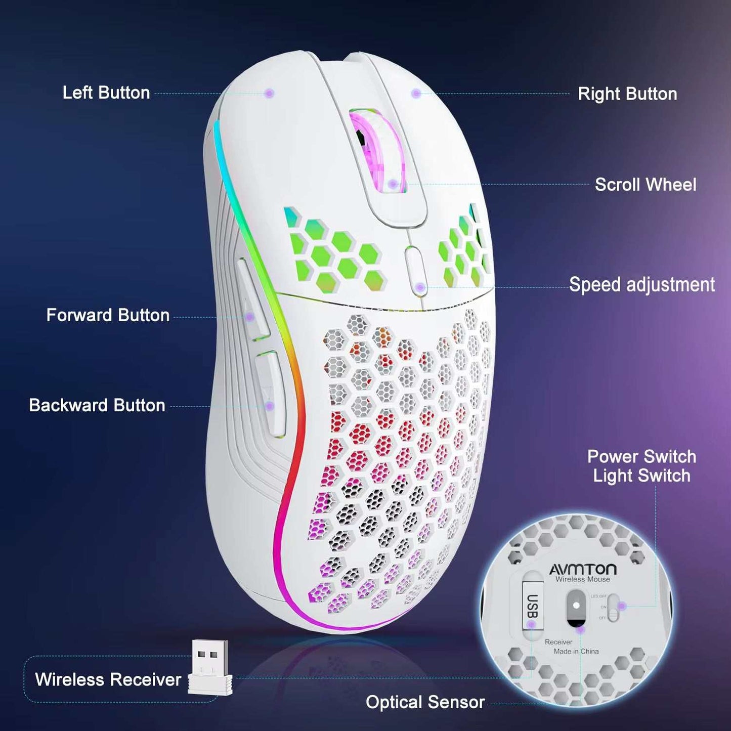 Souris sans fil 2.4G Ma boutique avec rétroéclairage RGB, 6 boutons, DPI réglable, design honeycomb ergonomique pour gaming.