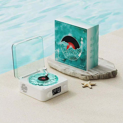 Mini enceinte Bluetooth rétro Ma boutique avec design vintage, boutons de contrôle et haut-parleur compact pour une musique portable.