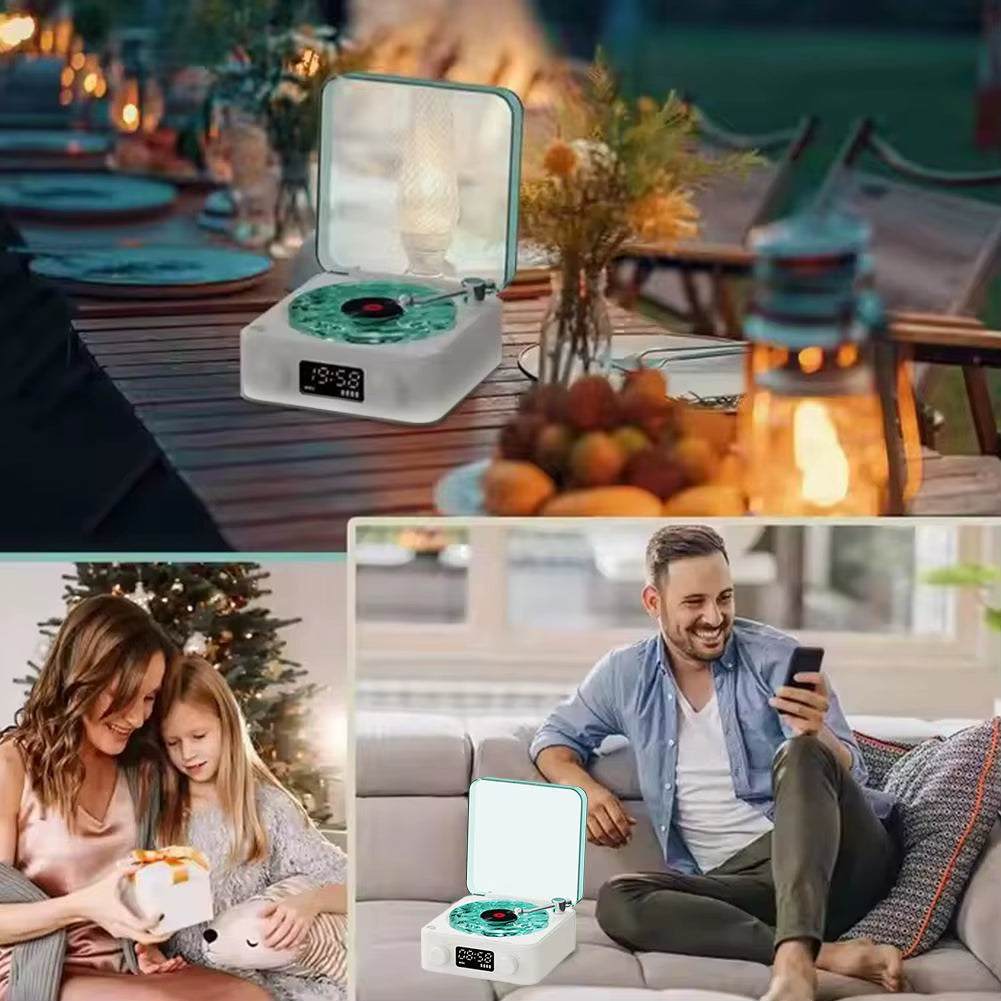 Haut-parleur Bluetooth rétro mini de la marque Ma boutique, design vintage avec boutons et grille en métal, pour un son portable.