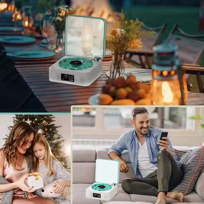 Haut-parleur Bluetooth rétro mini de la marque Ma boutique, design vintage avec boutons et grille en métal, pour un son portable.
