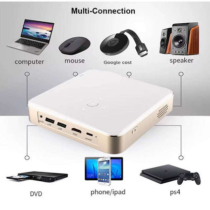 Projecteur portable Full HD 4K 3D Ma boutique avec auto-focus, Wi-Fi 5G, Android 9.0, batterie 10500mAh, connecté à un smartphone.