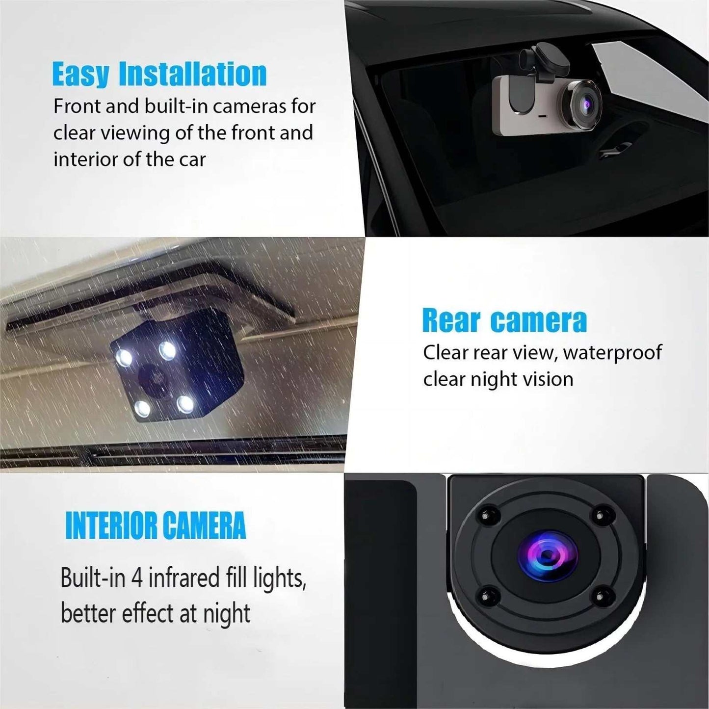 Caméra de tableau de bord pour voiture Ma boutique, dash cam 1080P 3 canaux, vision nocturne, enregistrement en boucle.