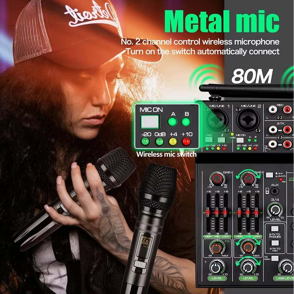Table de mixage audio 4 canaux Ma boutique avec microphone sans fil, entrée USB, Bluetooth, idéale pour fête et karaoké.