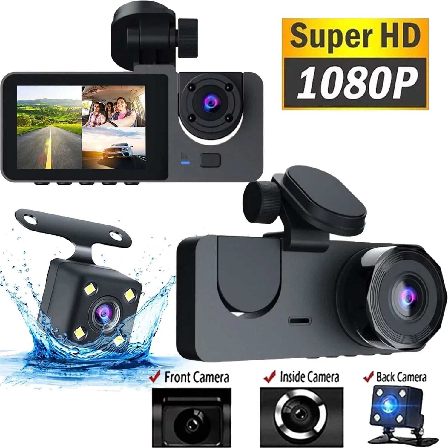 Caméra de tableau de bord Ma boutique 1080P 3 canaux pour voiture, vision nocturne, enregistrement en boucle, carte SD 32Go