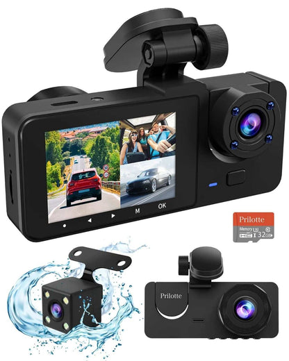 Caméra de tableau de bord pour voiture Ma boutique, dash cam 1080P 3 canaux, vision nocturne, enregistrement en boucle, carte 32GB