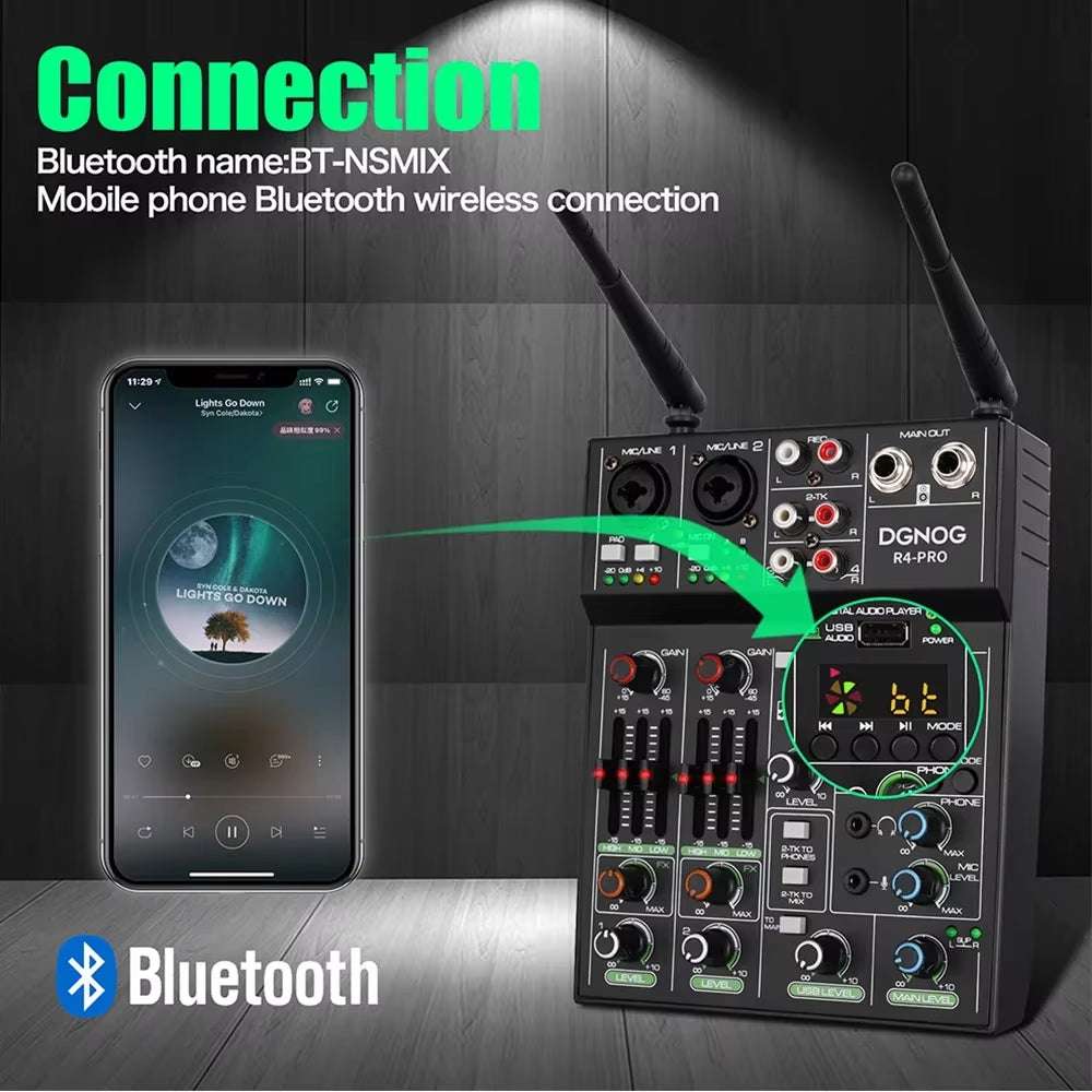 Table de mixage audio 4 canaux Ma boutique avec microphone sans fil, entrée USB, Bluetooth pour DJ, karaoké et fêtes.