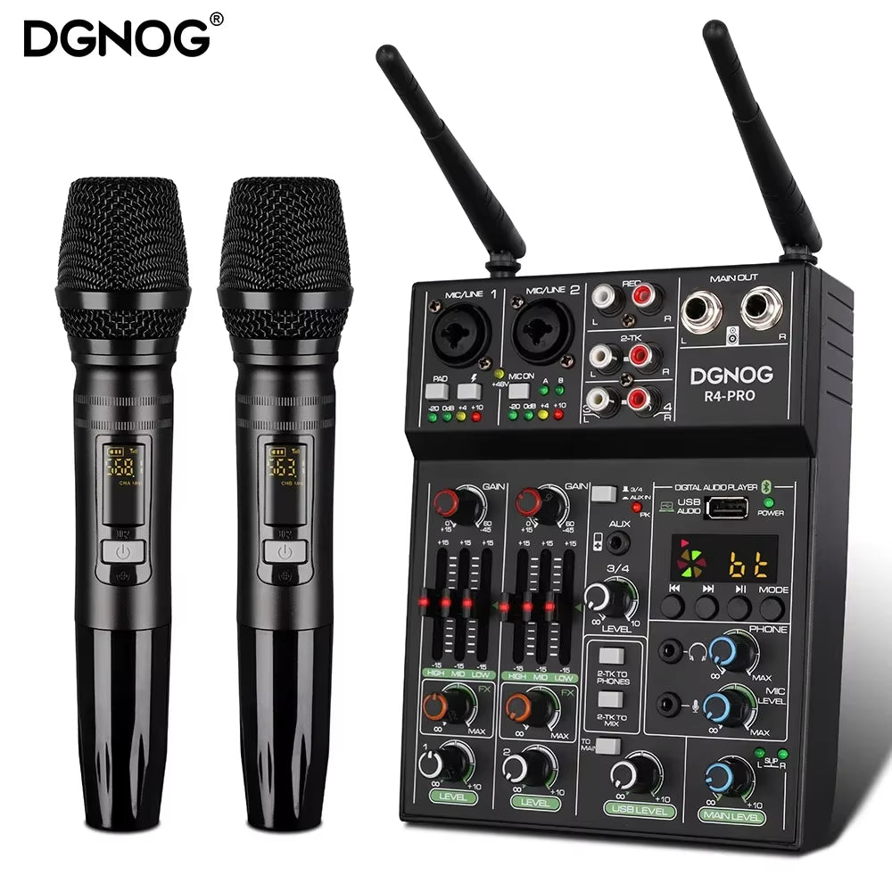 Table de mixage audio 4 canaux Ma boutique avec microphone sans fil, USB, Bluetooth, idéale pour karaoke et fêtes.