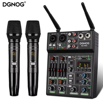 Table de mixage audio 4 canaux Ma boutique avec microphone sans fil, USB, Bluetooth, idéale pour karaoke et fêtes.
