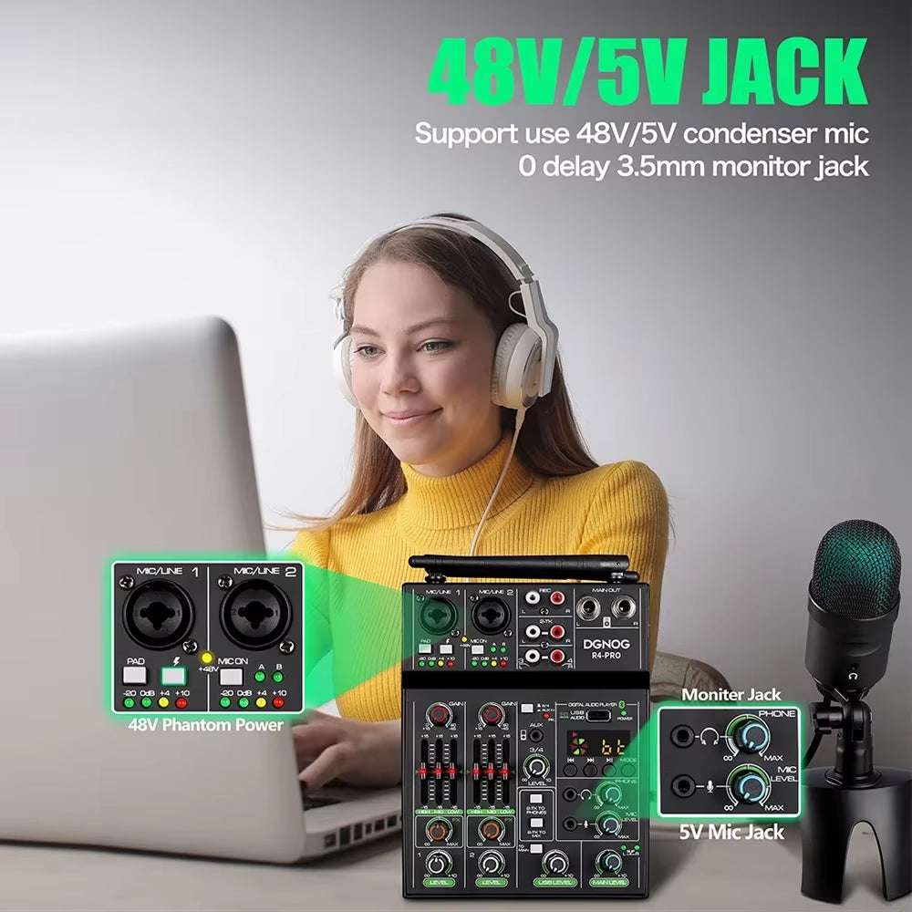 Mixeur audio 4 canaux Ma boutique avec micro sans fil, USB, Bluetooth, idéal pour fête, karaoké, console DJ et barre de son.
