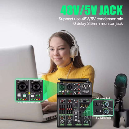 Mixeur audio 4 canaux Ma boutique avec micro sans fil, USB, Bluetooth, idéal pour fête, karaoké, console DJ et barre de son.