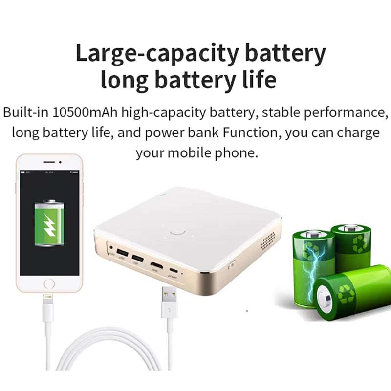 Projecteur mobile Full HD 4K 3D Ma boutique avec Android 9.0, Wi-Fi, batterie 10500mAh, DLP et auto-focus.