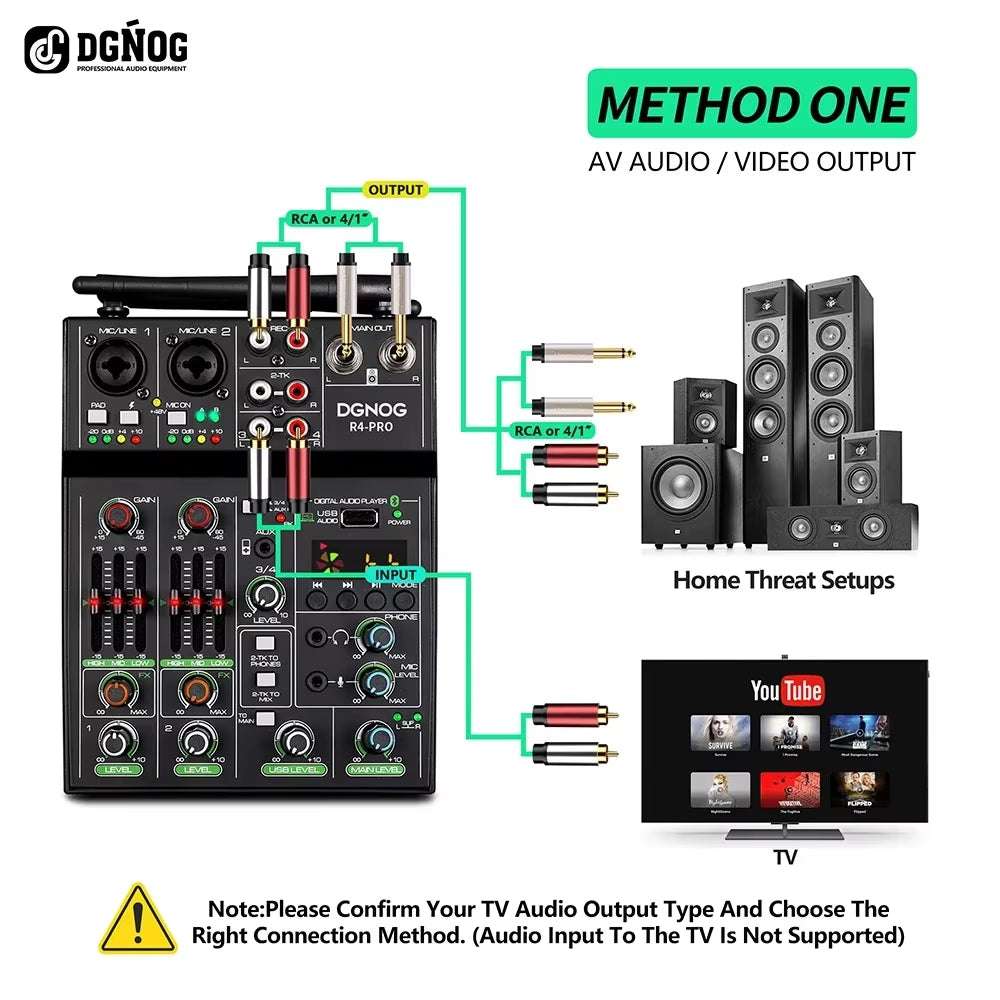 Mixeur audio 4 canaux Ma boutique avec microphones sans fil, entrée USB, Bluetooth et table de mixage pour fête et karaoké.